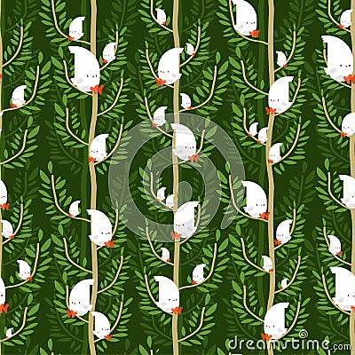 Bird in Forest pattern cartoon. Birdie on tree background. Baby cloth texture. vector ornament Vector Illustration