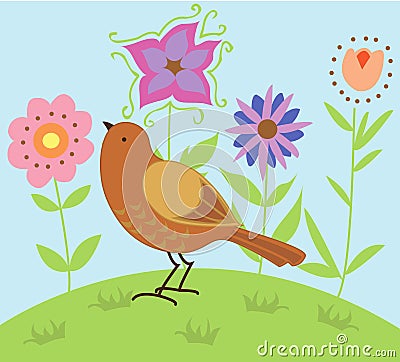 Bird in a Garden Vector Illustration