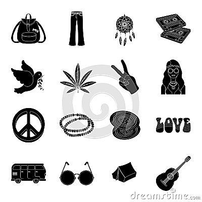 Bird, hemp, leaf and other hippy equipment. Hippy set collection icons in black style vector symbol stock illustration Vector Illustration