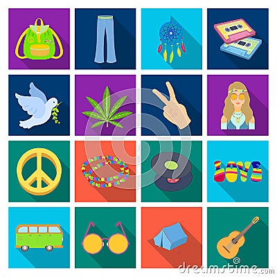 Bird, hemp, leaf and other hippy equipment. Hippy set collection icons in flat style vector symbol stock illustration Vector Illustration