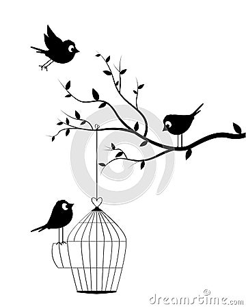 Birds silhouettes on branch and open bird cage illustration, vector Vector Illustration