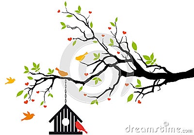 Bird house on spring tree, Vector Illustration