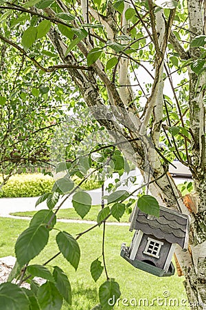 Bird house suspended on tree Stock Photo