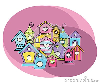 Bird houses design set. Cartoon free hand draw doodle Vector Illustration