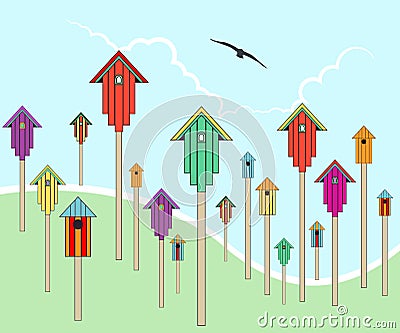 Bird houses in a field Vector Illustration