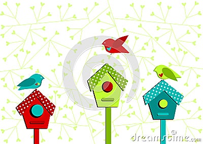 Bird houses and love birds valentines card Stock Photo