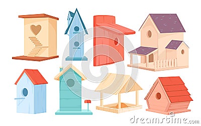 Bird houses set, cute colorful birdhouses collection, wooden box with heart hole Vector Illustration