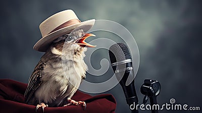 A bird in a journalistic hat holding a microphone and asking questions Stock Photo