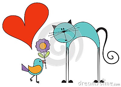 Bird in love with a cat Vector Illustration