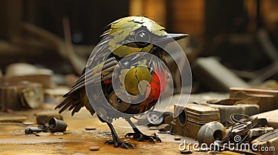 A bird made out of metal and other materials, AI Stock Photo