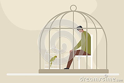 A man sitting inside a cage looking at a caged bird Vector Illustration