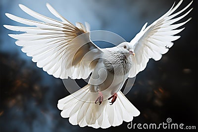 Bird in mid air white feathered homing pigeon soaring gracefully Stock Photo