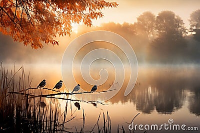 Bird In Misty Autumn Morning. Stock Photo