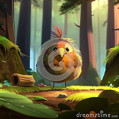 a bird with a mohawk standing in a forest with trees and grass on the ground and a log in the foreground Stock Photo