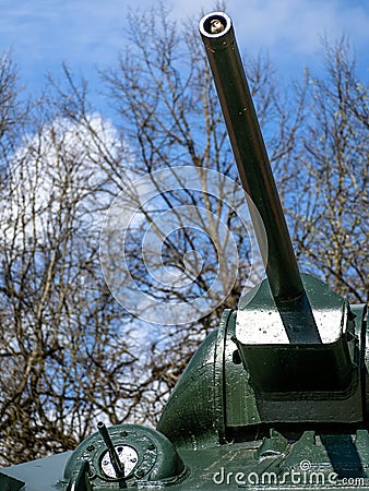 A bird in the muzzle of a memorial Soviet t-34 tank. Editorial Stock Photo