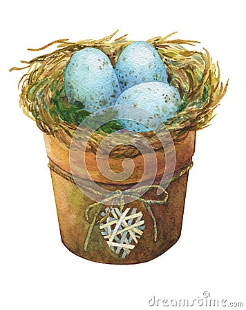 Bird nest with blue eggs in a flowerpot with a decorative heart, homes decor for Easter. Cartoon Illustration