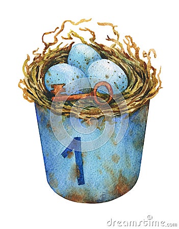 Bird nest with blue eggs in a rusty metal buckets, home decor for Easter. Cartoon Illustration