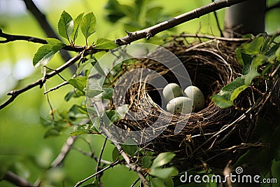 A bird nest with three eggs in a tree created with generative AI technology Stock Photo