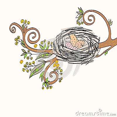 Bird nest on the tree branch. Vector Illustration