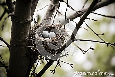 A bird nest with two eggs in a tree created with generative AI technology Stock Photo