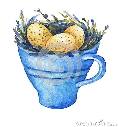Bird nest with yellow eggs in a blue cup, home decor for Easter. Cartoon Illustration