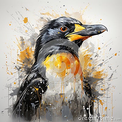 Expressive Penguin Sketch: Black And Yellow Speedpainting With Drips And Splatters Stock Photo