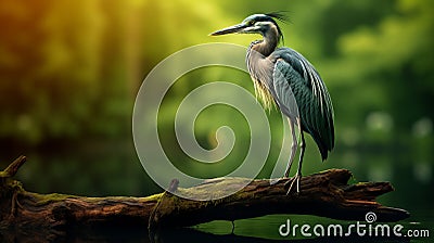 Digital Art: Realistic Blue Heron Standing On Wood Branch In Forest Cartoon Illustration