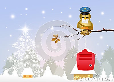 Bird postman with letter of Santa Claus Stock Photo