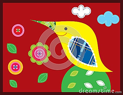 Bird in red garden Vector Illustration