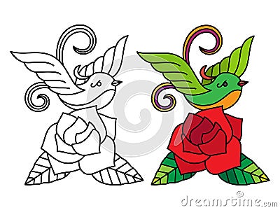 Bird with rose coloring page Vector Illustration