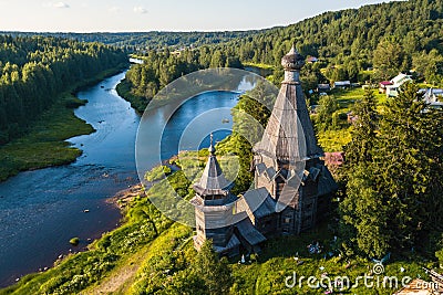 Bird`s eye view of the Church of St. Nicholas built 1696 in Soginicy village and Vazhinka river, Podporozhysky district. Stock Photo