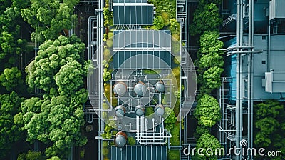 Bird's-eye view of a data center evolving into net zero energy, integrating eco-friendly solutions Stock Photo