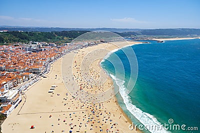Bird's-eye view on Nazare beach riviera on the coast of Atlantic ocean. Nazare. Portugal Stock Photo