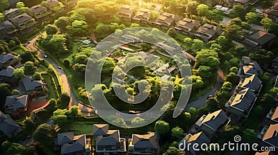 A bird's-eye view of a residential community that is lush with greenery demonstrating the seamless blend of urban living Stock Photo