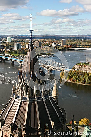 Bird's-eye view to Ottawa and Parliament Library Rooftop Stock Photo