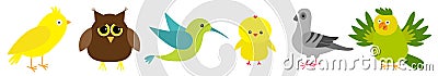 Bird set line. Colibri, canary, parrot, dove, pigeon, owl, chicken. Cute cartoon characters icon. Baby animal zoo collection Vector Illustration