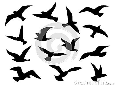 Bird silhouettes. Flying birds flock, black drawing flight raven tattoo template, monochrome animal wild life migration Vector Illustration