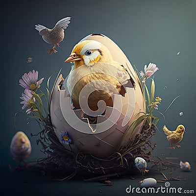 Bird Sitting in Cracked Easter Egg Stock Photo