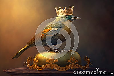 a bird sitting on a golden crown, ready to take flight Stock Photo