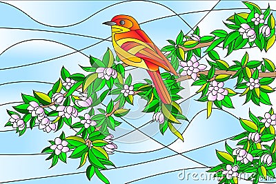 Bird sitting on Tree Stained glass Painting Vector Illustration