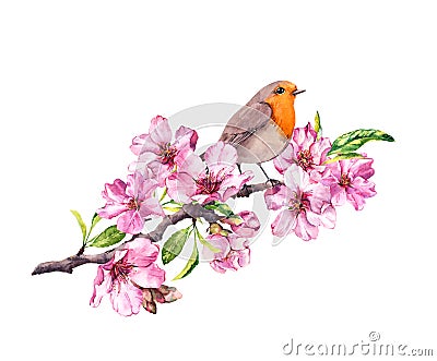 Bird in spring flowers. Springtime blossom, cherry, apple, sakura branch. Watercolor Stock Photo