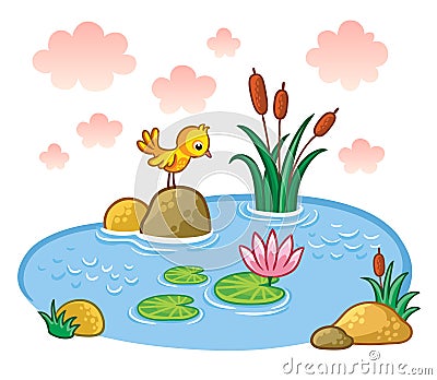 The bird is standing on a rock in a pond. Cartoon Illustration