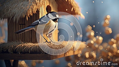 Bird Perched on Snow-Covered Birdhouse. Generative AI. Stock Photo