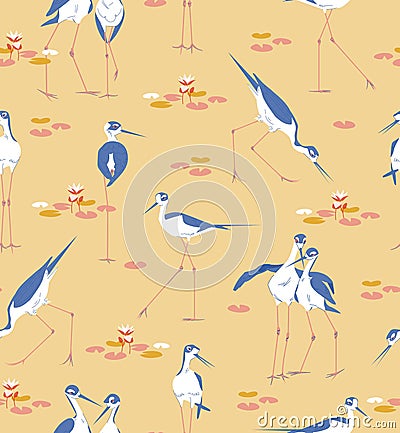 Bird Stilt Cute Seamless pattern with water lilies. Vector wetland animal illustration on beige background Vector Illustration