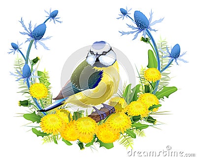 Bird tit sit branch floral wreath dandelion and thistle. Tit symbol in color of Ukrainian flag Cartoon Illustration