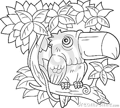 Bird toucan, sitting on a branch, coloring book, funny illustration Vector Illustration