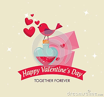 Bird with valentine cards and love potion Vector Illustration