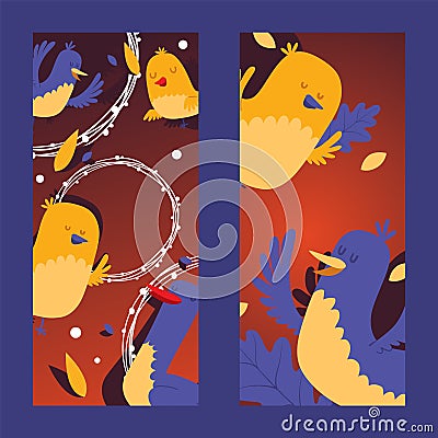 Bird vertical banner templates vector illustration, set of card background design with birdies and wreath, leaves. Vector Illustration