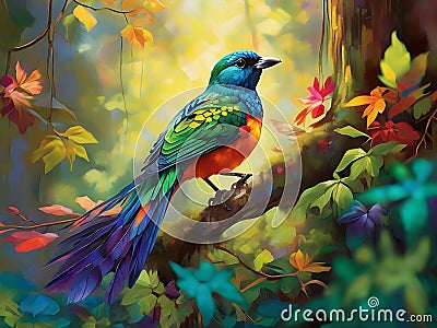 A beautiful bird in a vibrant forest. Magics forest and beautiful little bird. Stock Photo