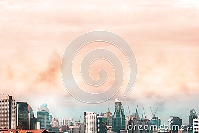 Bird view over silhouette cityscape and construction site Editorial Stock Photo